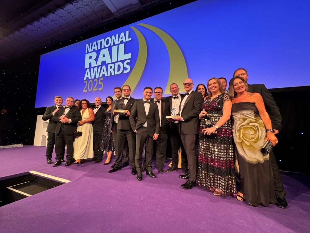 The Merseyrail team stood on the stage at the National Rail Awards