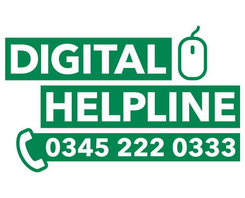 Digital Helpline logo. White text on a green background saying 'Digital Helpline' with a mouse icon next to it. On the row below is a phone icon with the number 0345 222 0333.