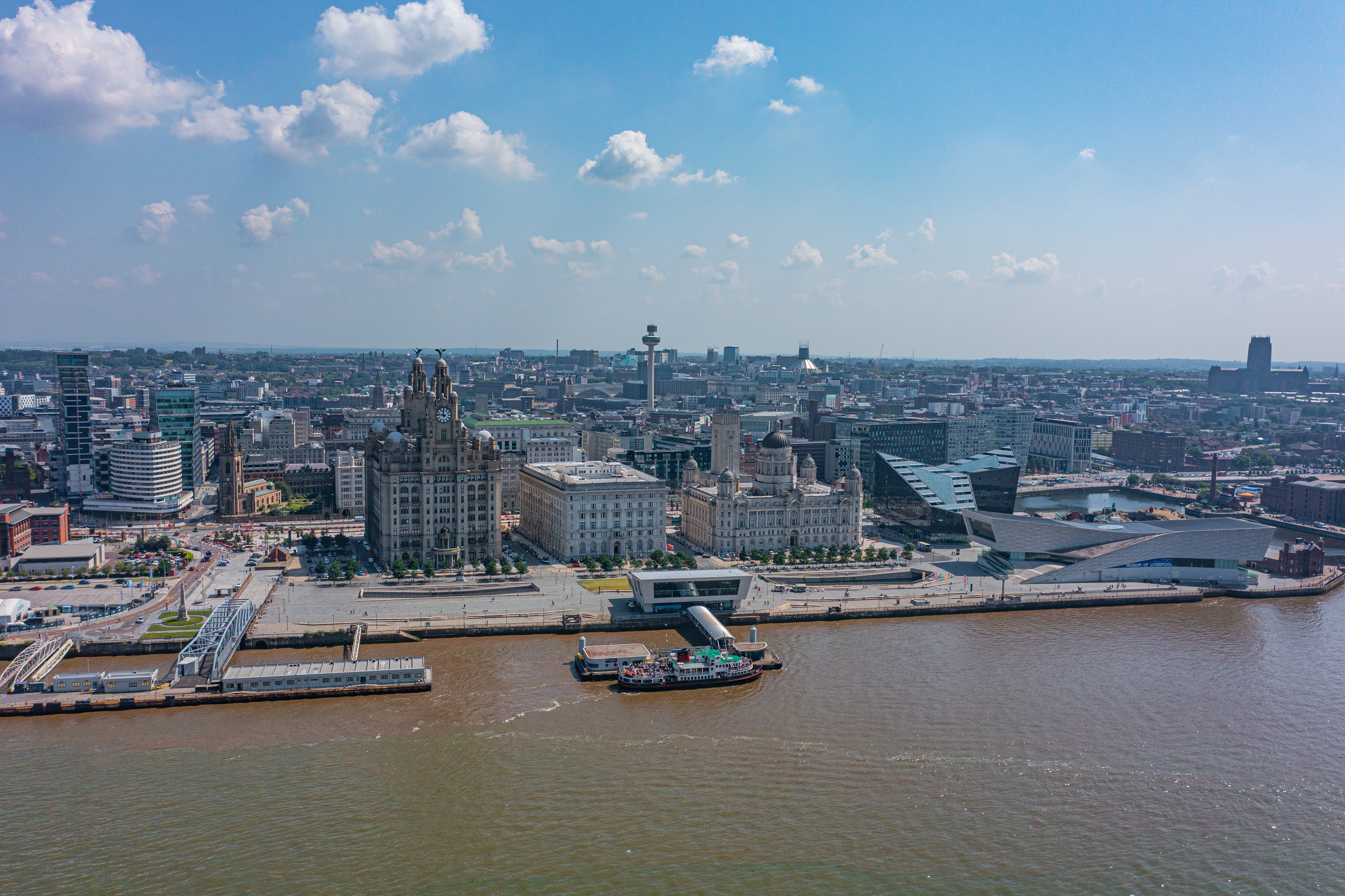 Liverpool waterfront shot from a drone in Summer