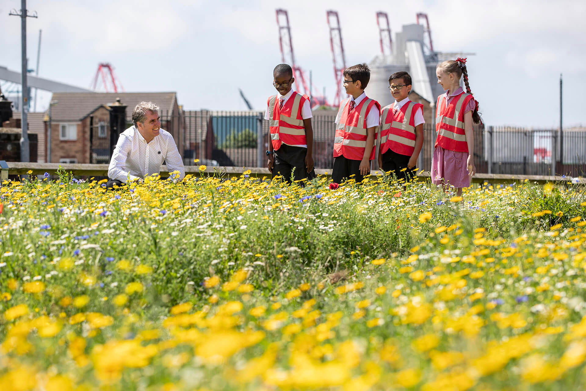 Mayor of the Liverpool City Region Steve Rotheram with children in a wildflower meadow