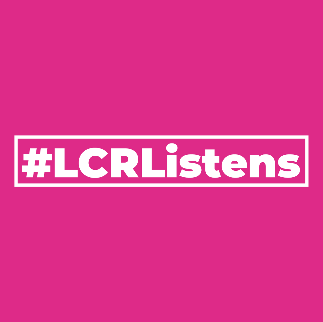 LCR Listens logo. White text on pink background