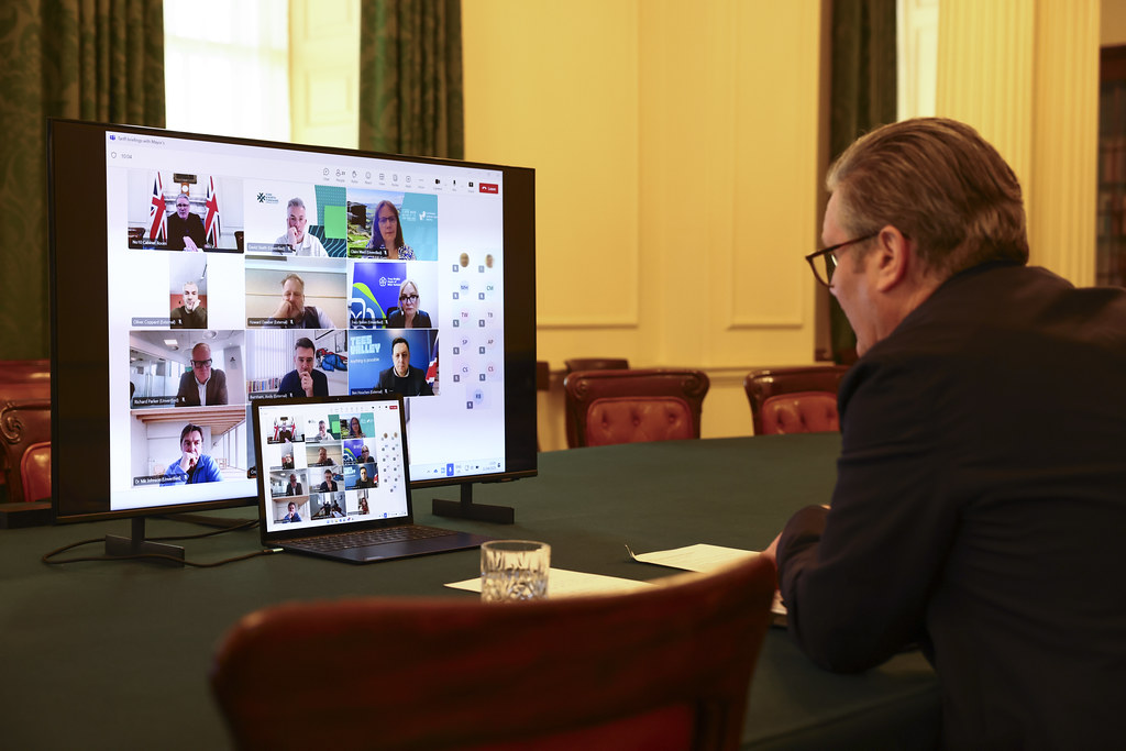 Prime Minister Sir Keir Starmer updates England's Mayors, including Steve Rotheram, about recent global events on April 11, 2025