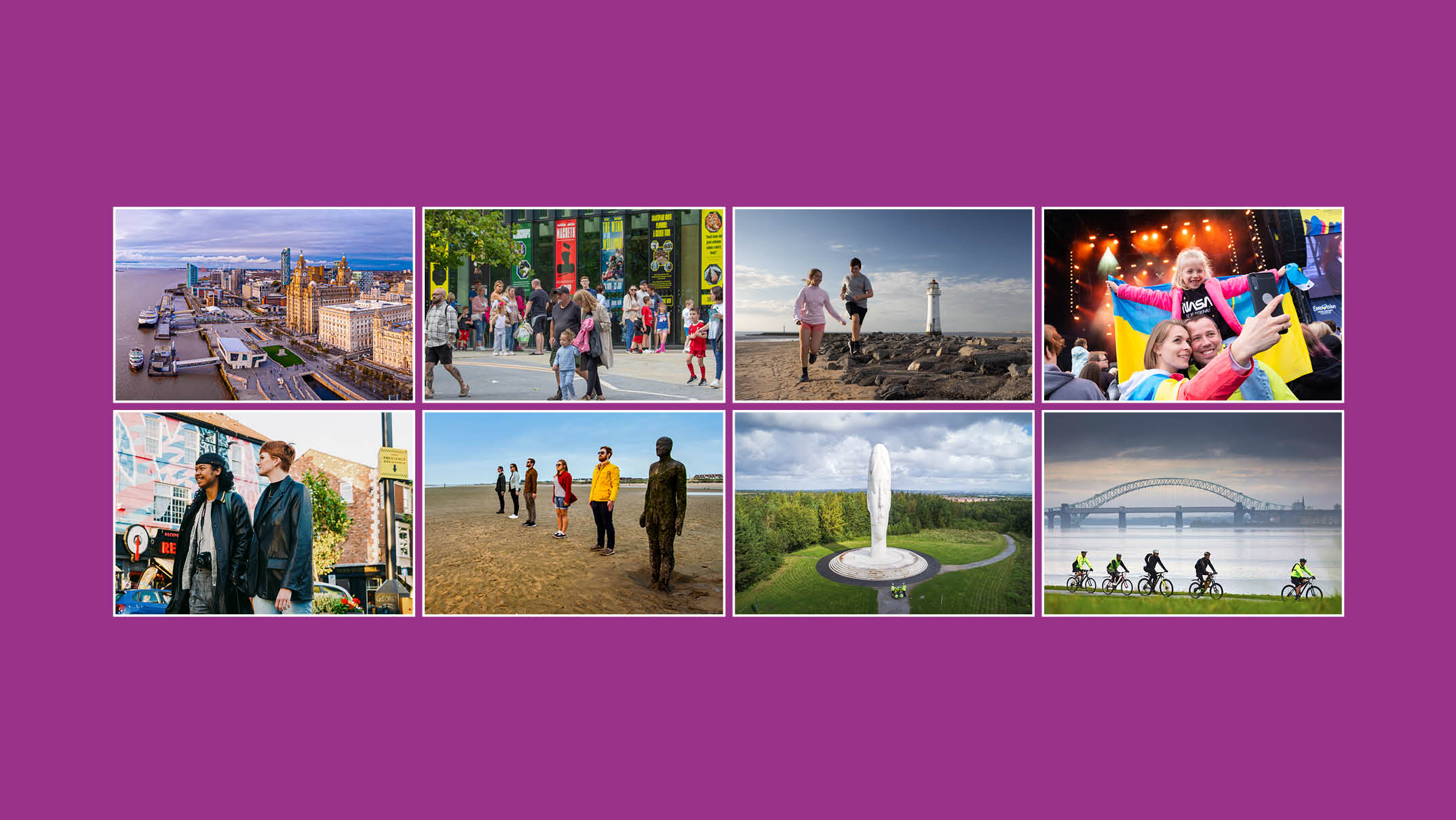 Eight images depicting: Liverpool's Waterfront, Shakespeare North in Knowsley, Children playing on the beach in New Brighton, a family taking a selfie at Eurovision, two people walking down the street in front of Rockpoint Records New Brighton, people standing in a line next to Antony Gormley's 'Another Place', The Dream sculpture in St Helens and cyclist on Halton cycle path in front of the Runcorn bridge