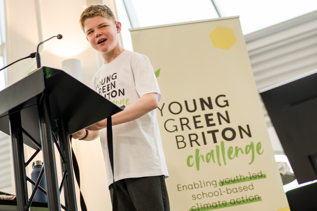 Bo Cox, Eco Warrior from St Vincent’s School for visually impaired students in Liverpool standing at a lectern.