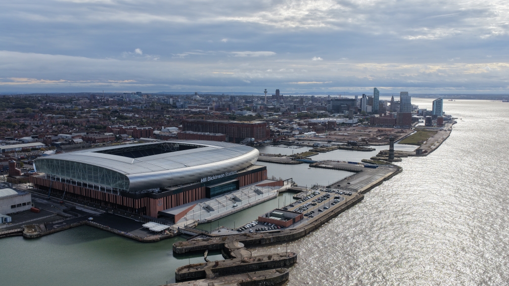 Aeriel view of Everton's Hill Dickinson Stadium across Liverpool's North Docks