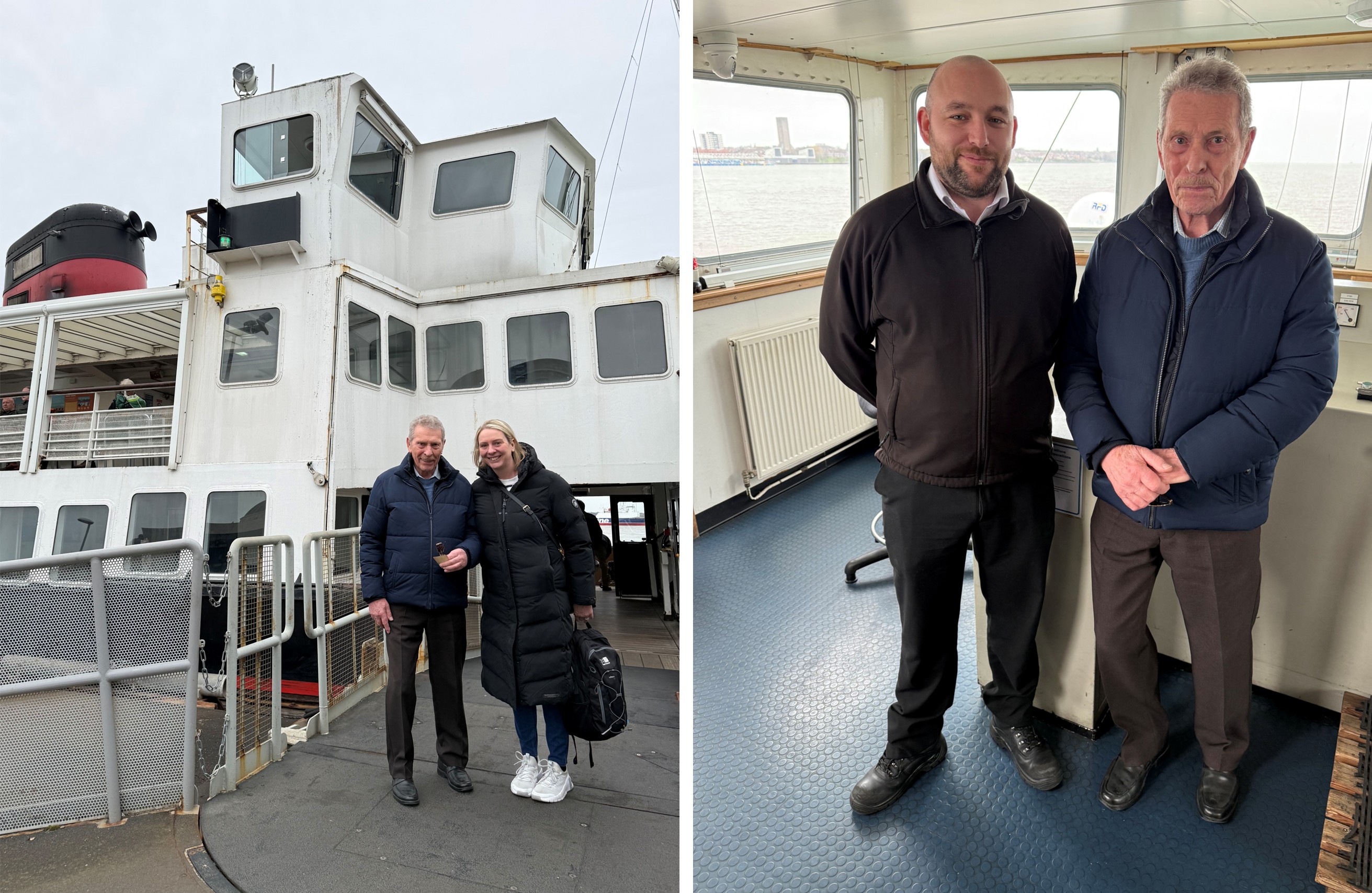 Left: John and Dawn Lawson boarding the Royal Iris; Right: Mersey Ferries Captain Jack Easdown with John