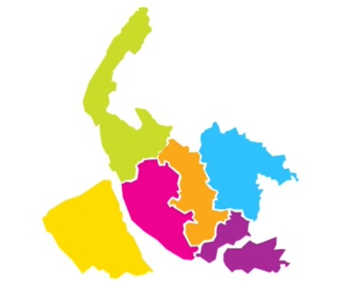 A map of the Local Authorities in Liverpool City Region. Each Local Authority is blocked out with a different colour.