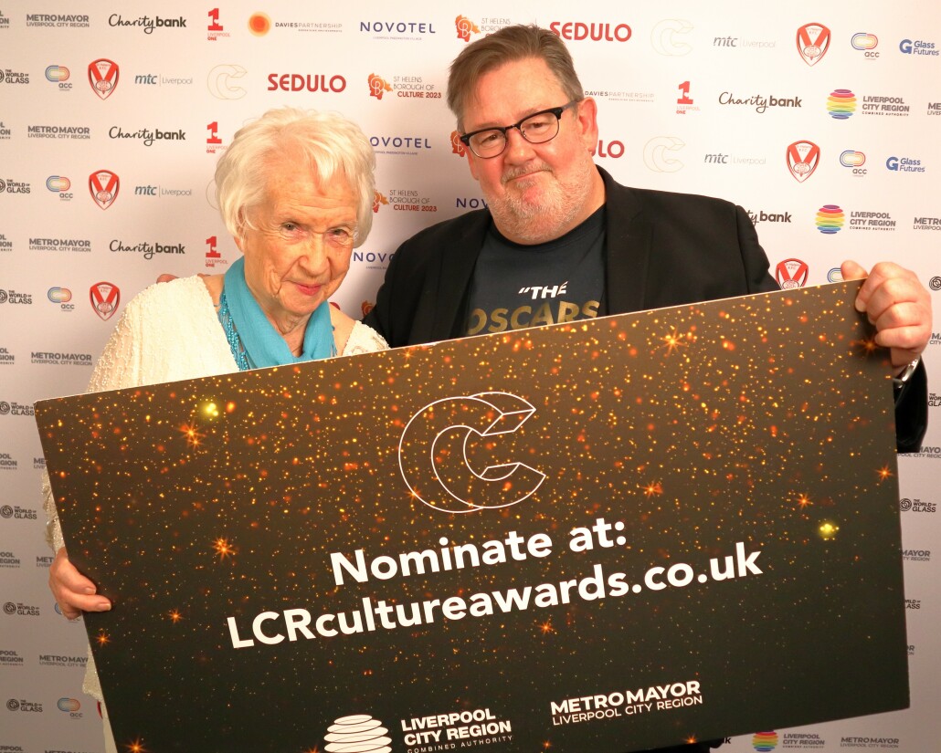 Elsie Kelly and Johnny Vegas hold a board encouraging people to nominate in this year's awards