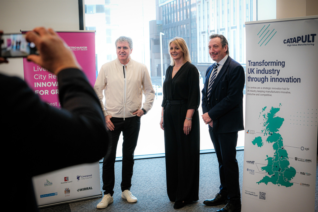Mayor Rotheram (left) with Sue Hine, Regional Pilot Lead of the Industrialising and Digitalising Construction Challenge and Keith Waller, Director of Industrialised Construction, High Value Manufacturing Catapult.