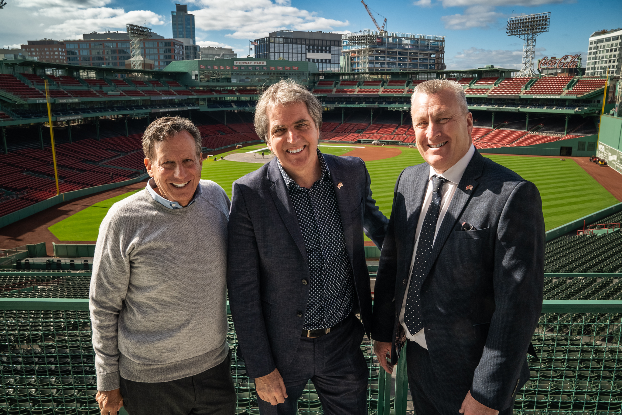 FSG and Liverpool FC chairman Tom Werner with Mayor Steve Rotheram and Liverpool City Region Combined Authority Deputy Chief Executive Richard McGuckin at Boston Red Sox Fenway Park stadium during a trade mission to the US