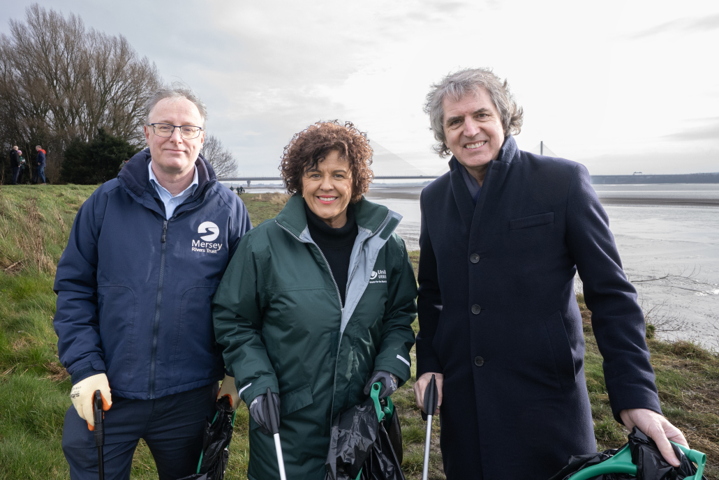 L-R John Sanders, Co-Director of the Mersey Rivers Trust, Louise Beardmore, Chief Executive Officer of United Utilities and Mayor of the Liverpool City Region Steve Rotheram.