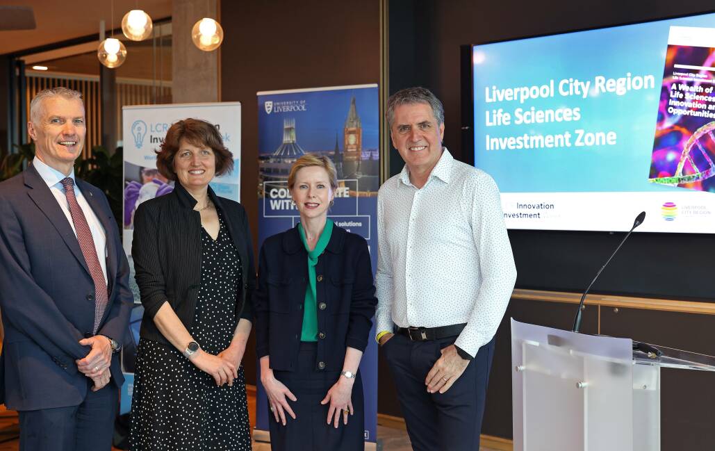 Picture of these people standing in a row smiling at the camera. L-R: Professor Tim Jones - Vice-Chancellor University of Liverpool, Professor Kate Royse - STFC Hartree Centre Director, Dr Aileen Jones - Executive Director for Investment and Delivery Liverpool City Region Combined Authority and Steve Rotheram - Mayor of the Liverpool City Region.
