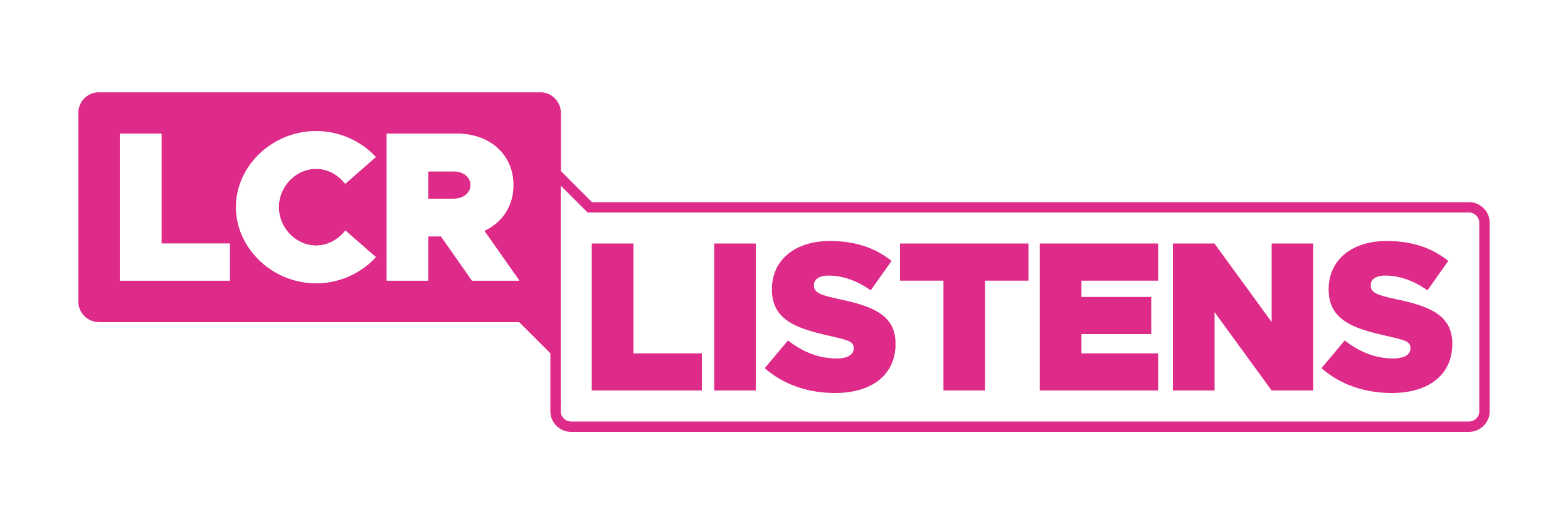 Pink and white LCR Listens logo.