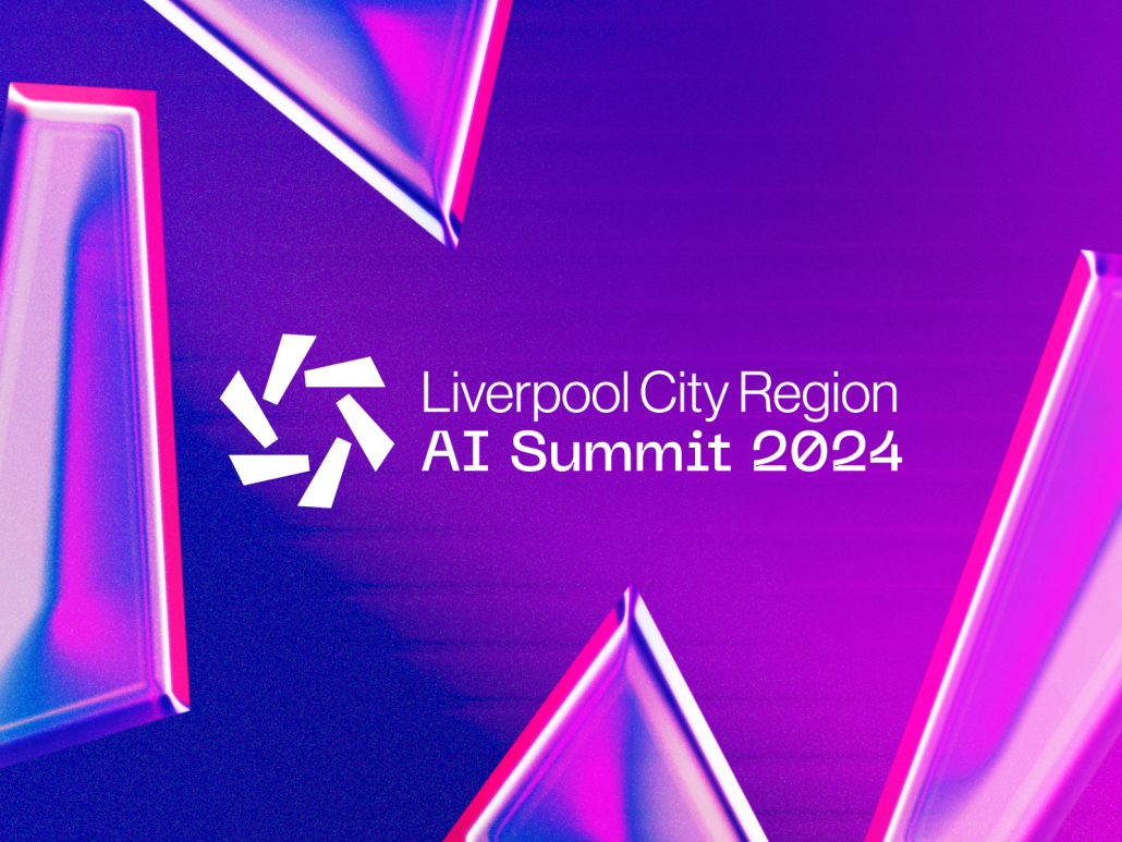 The Liverpool City Region AI Summit logo; the text "Liverpool City Region AI Summit 2024" in white text. The background is a mixture of blues, purples and pink.