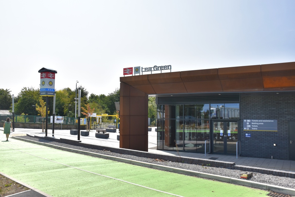 A photography showing the new station building at Lea Green station in St Helens in the bright sunshine