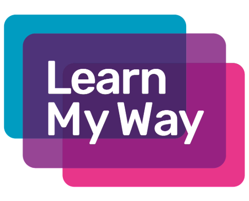 Learn My Way logo. A blue box that overlaps with a purple box and then a pink box. The text 'Learn My Way' is in white in the middle.