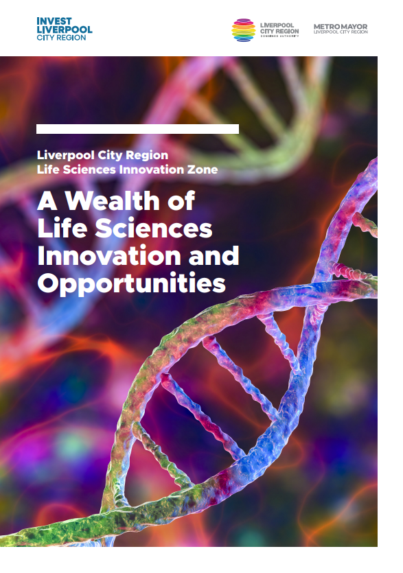 Front cover of the Life Sciences and Innovation Opportunities document with Invest LCR, Metro Mayor and LCR CA logos with a strand of DNA.