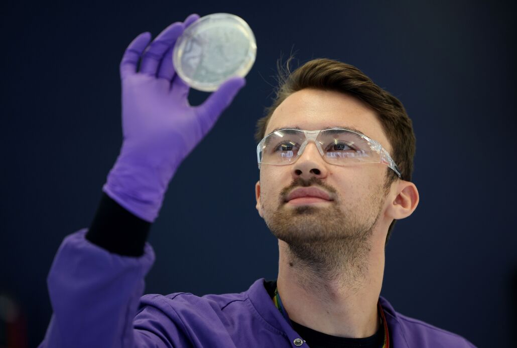 A scientist inspecting a petrie dish