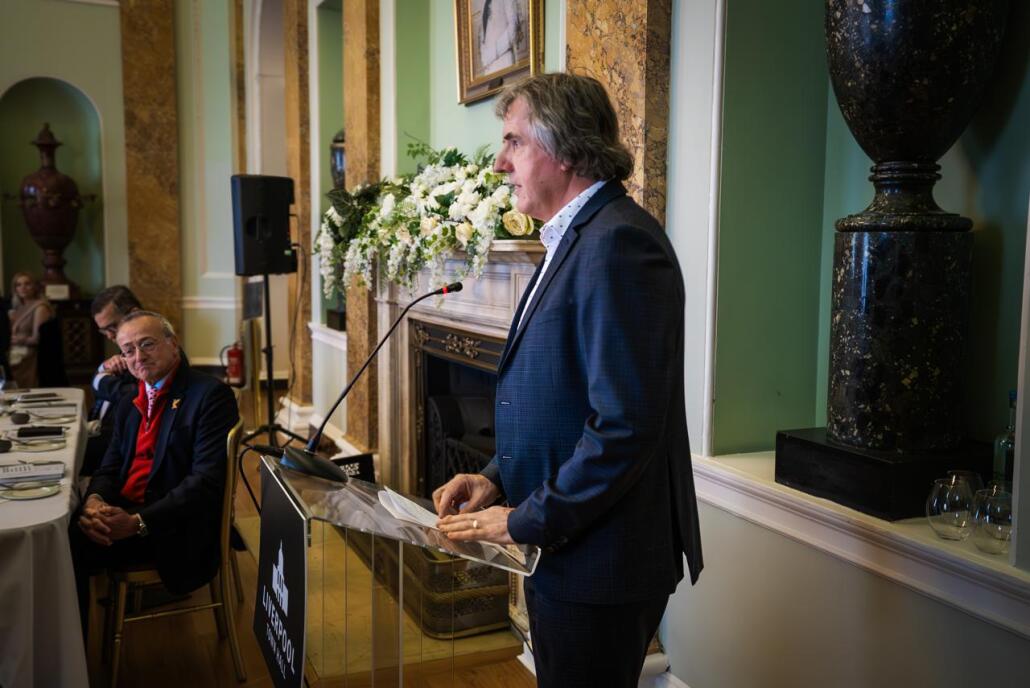 Liverpool City Region Mayor Steve Rotheram standing at a lectern speaking on Europe Day