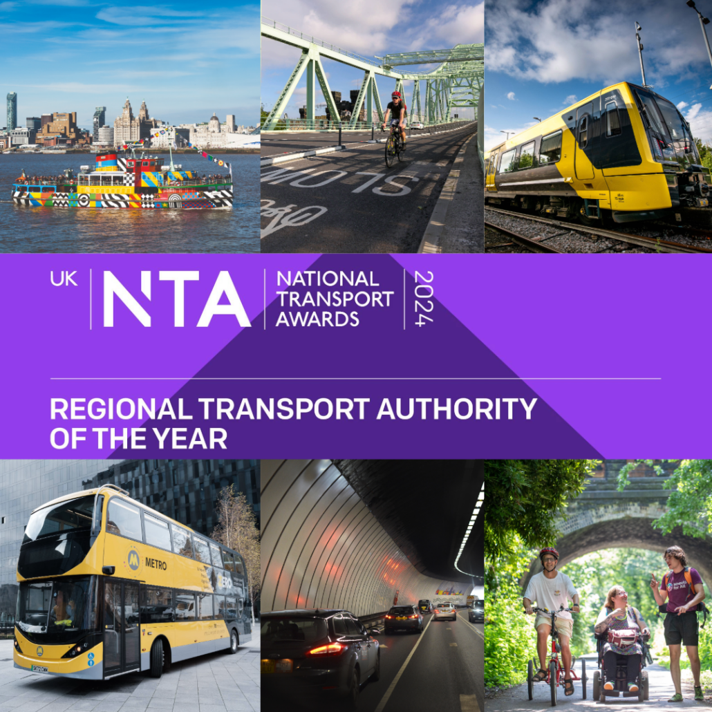 A montage of transport pictures, buses, trains and ferries, people cycling along with a purple banner with the award title on.