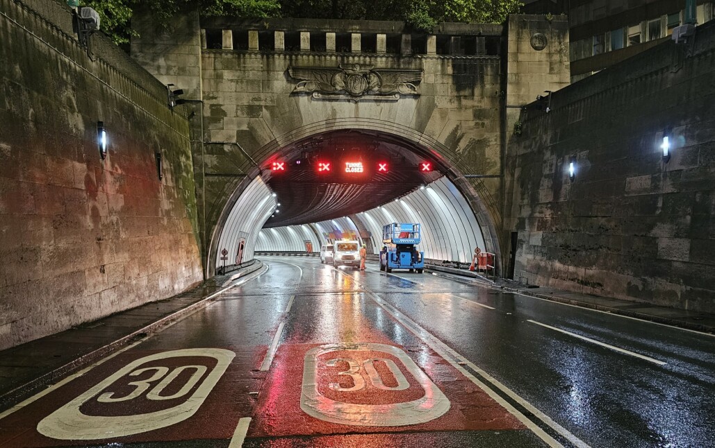 The entrance to the Queensway Tunnel - on the Liverpool side - at night.