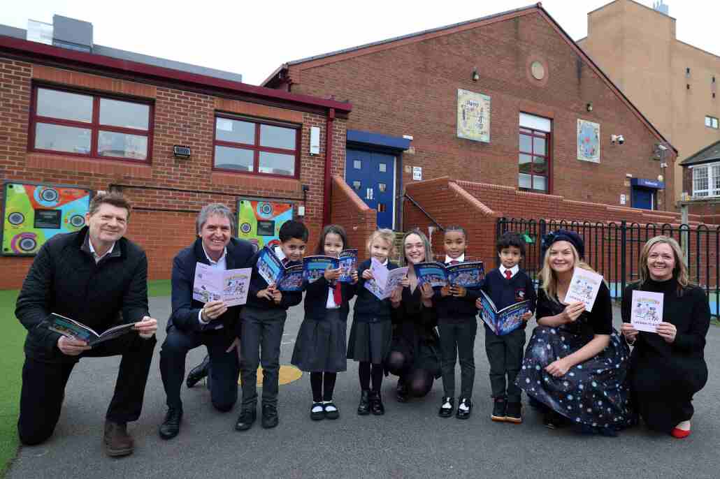 Mayor Steve Rotheram with promary school children at book launch