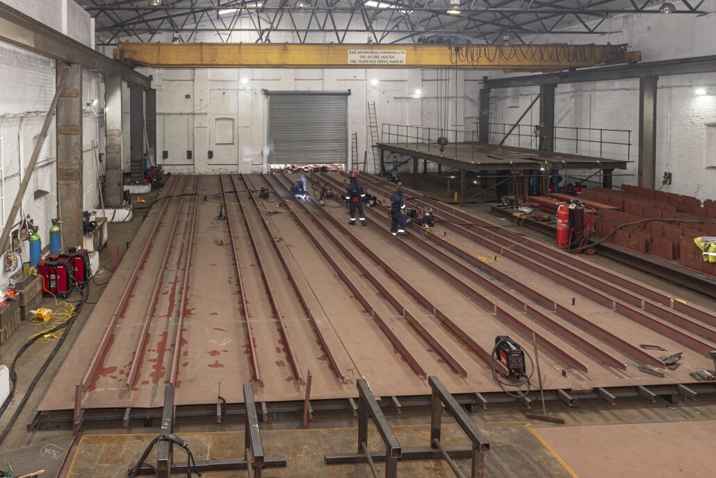 Sections of the new 52-metre-long landing stage pontoon are being constructed in a warehouse