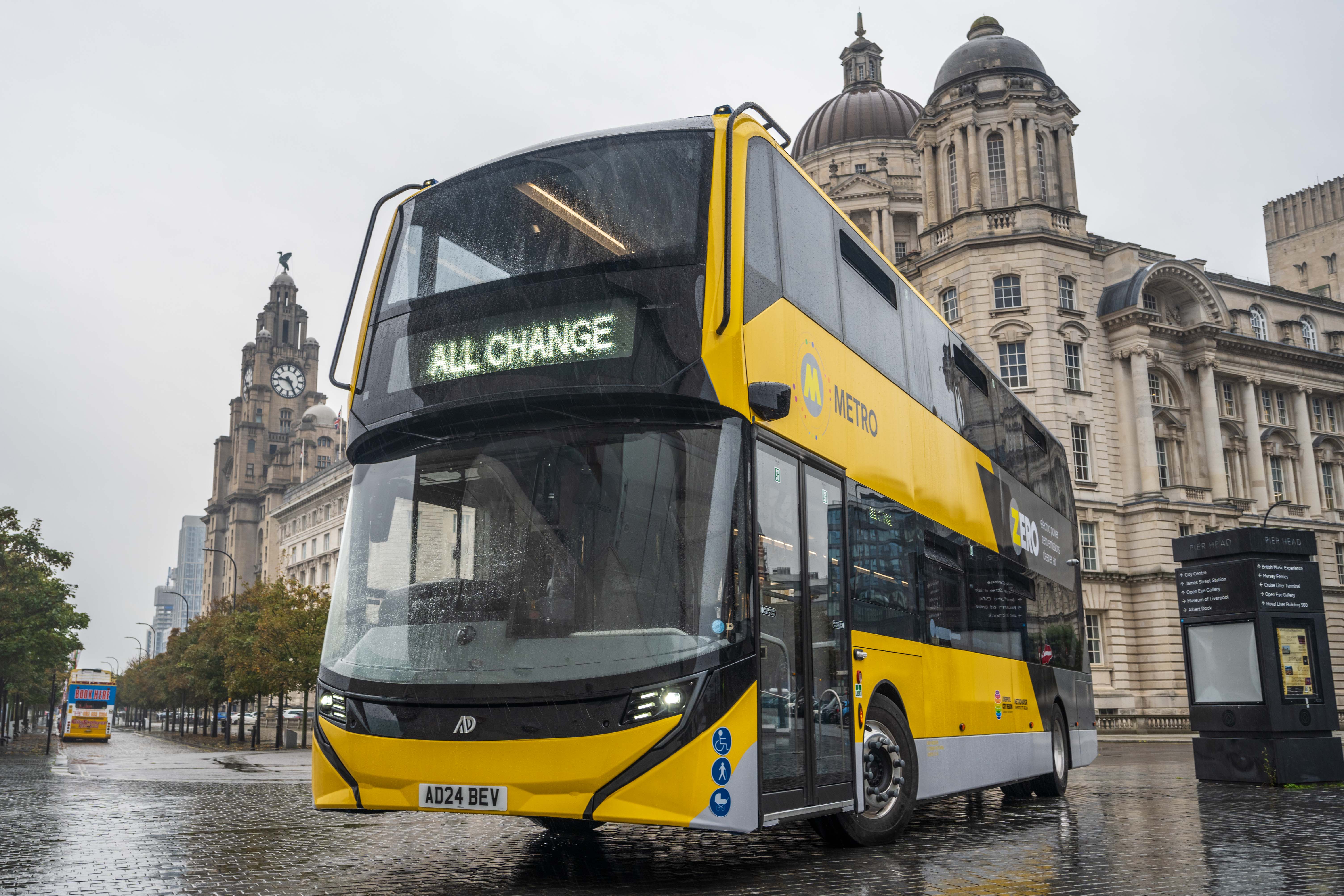 Liverpool City Region branded electric bus at Liverpool's Pier Head