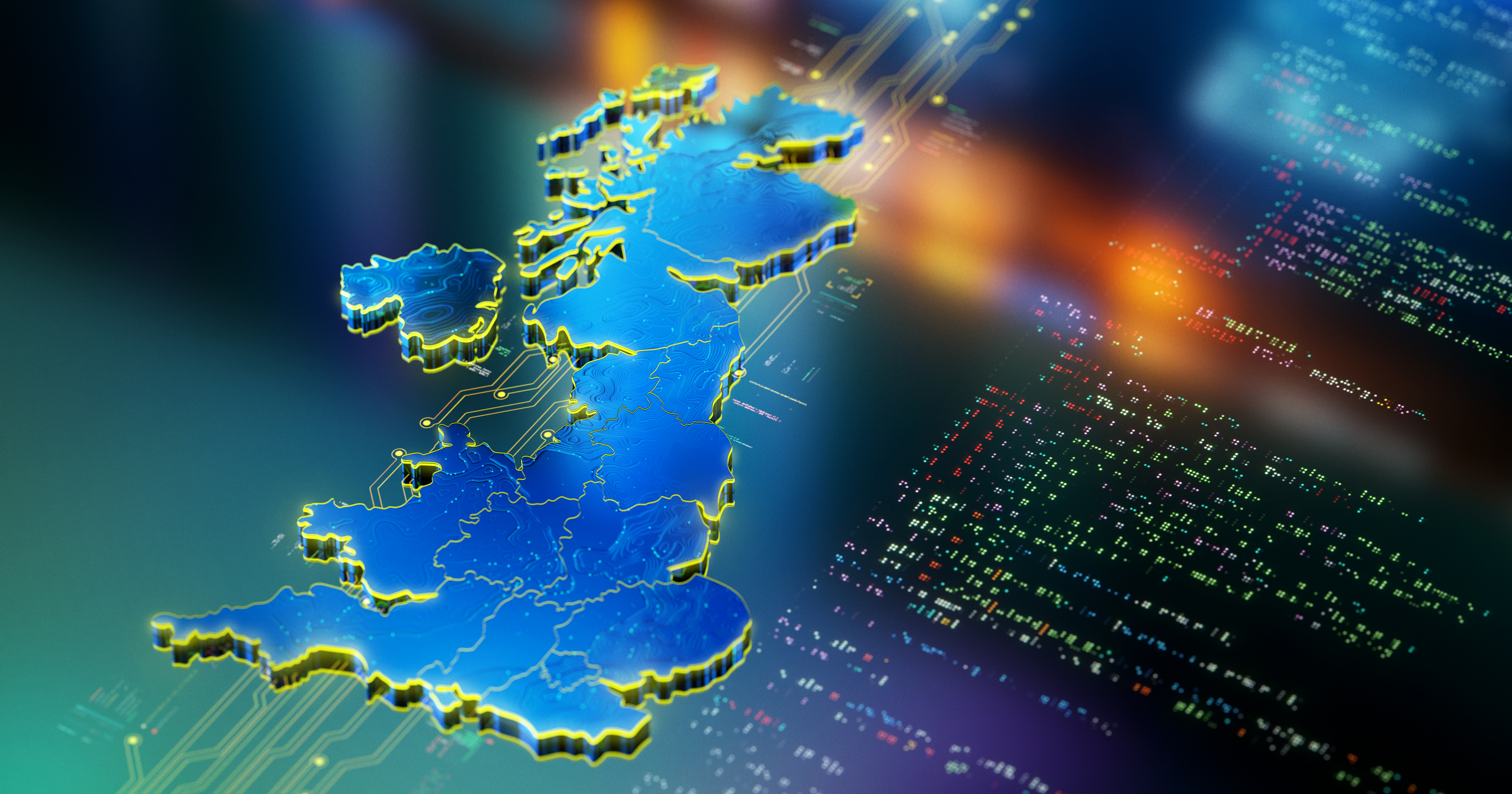 A digital representation of a map of the UK. In the background appears to be patterns of computer code.