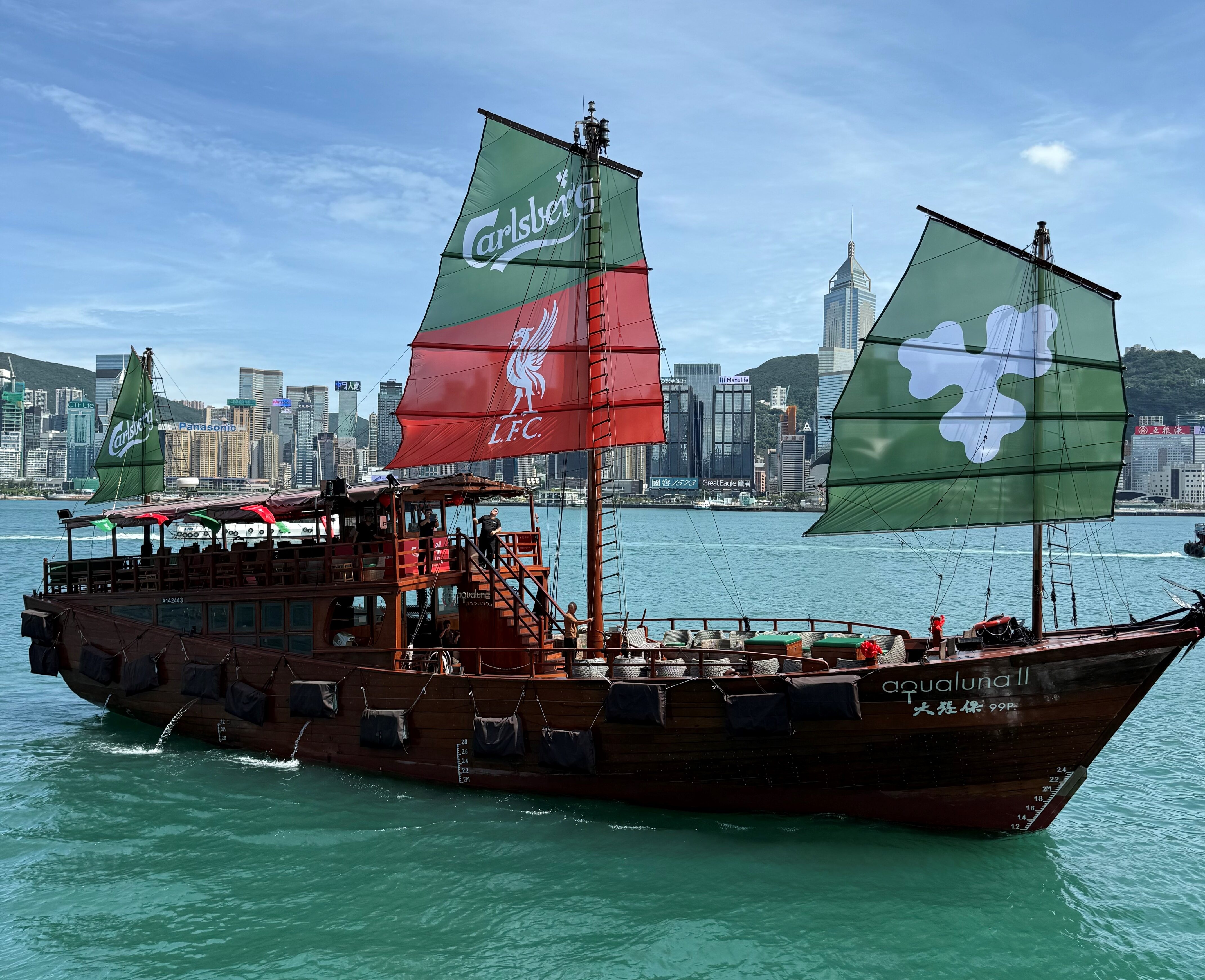 A Liverpool Football Club branded boat in Hong Kong harbour