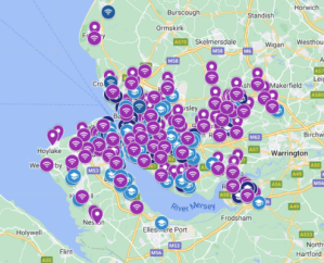 A map of Liverpool City Region with location pins dropped on it.